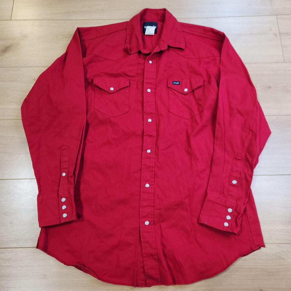 Wrangler Western Shirt Mens XLT Red Solid Snap Long Sleeve Cowboy Twill Workwear
